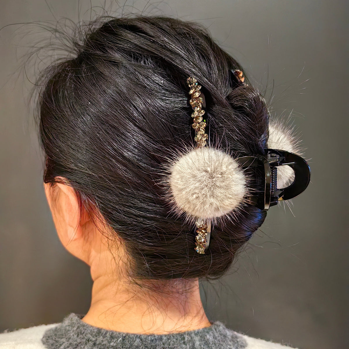 Large Rhinestone Claw Clip with Fluffy Pom Poms for Elegant Hair Updos