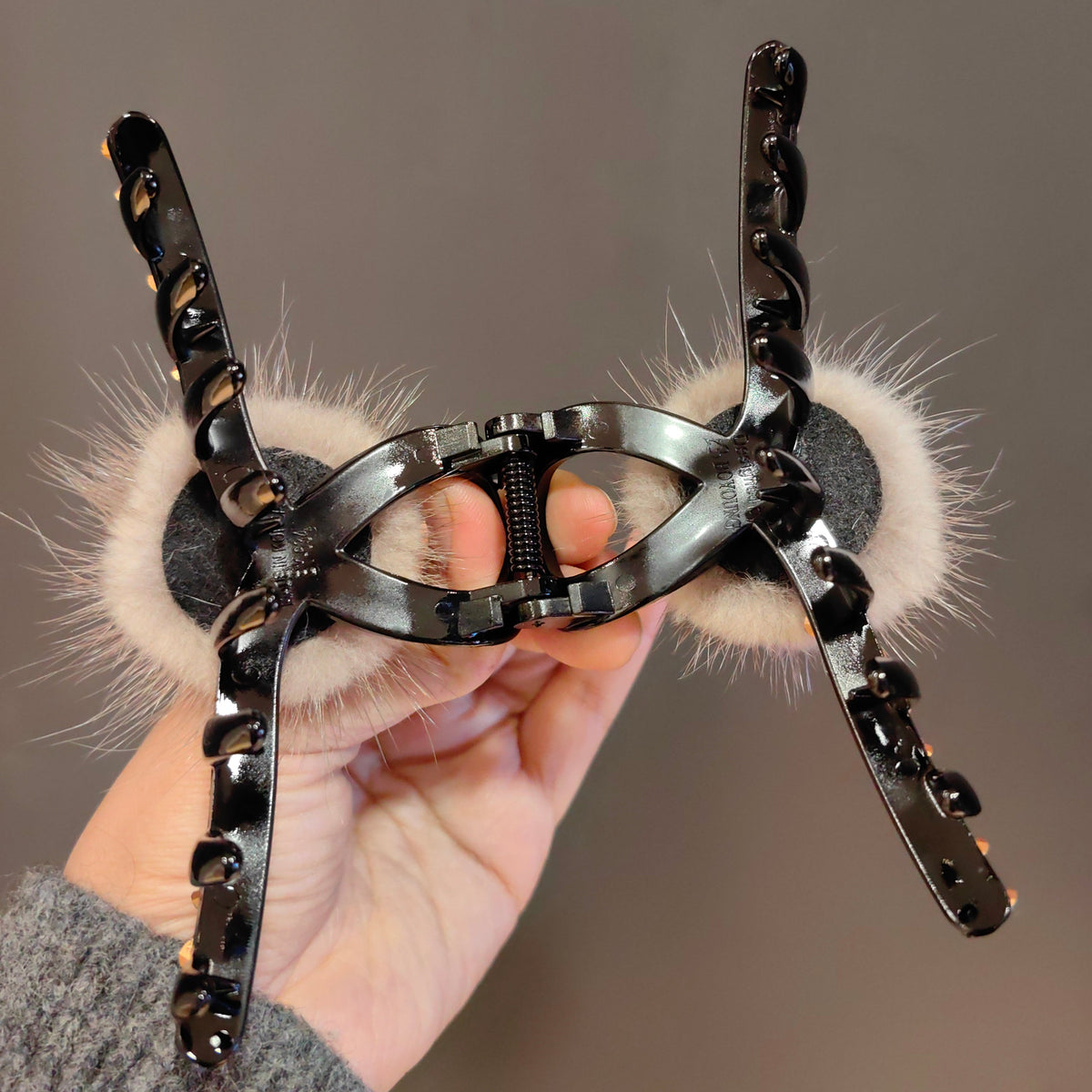 Large Rhinestone Claw Clip with Fluffy Pom Poms for Elegant Hair Updos