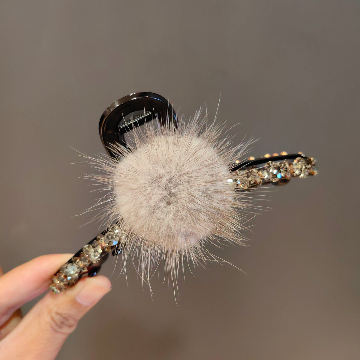 Large Rhinestone Claw Clip with Fluffy Pom Poms for Elegant Hair Updos