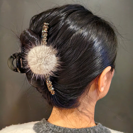 Large Rhinestone Claw Clip with Fluffy Pom Poms for Elegant Hair Updos